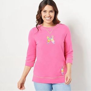 Quacker Factory French Terry Sweatshirt with 3/4 sleeves & embroidery in pink